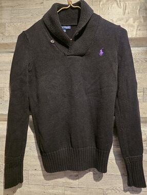 Polo by Ralph Lauren Black Shawl Collar Turtleneck Sweater with Purple Pony